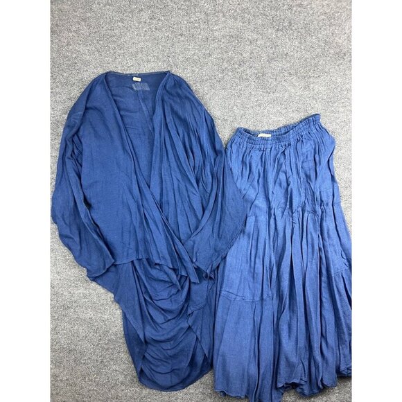Vintage Laise Adzer Jacket Skirt Set Women's Blue Cardigan Maxi Morocco